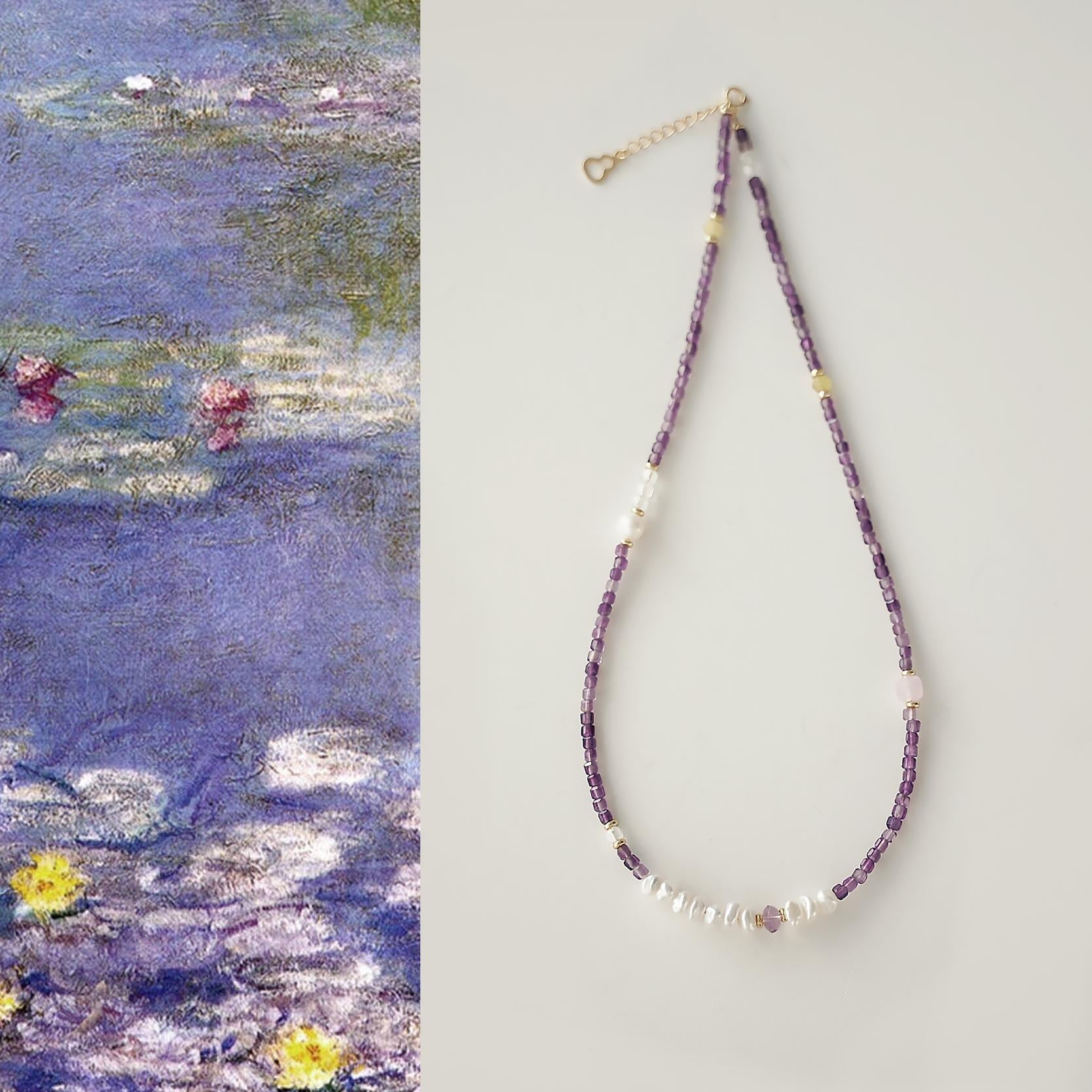 Amethyst and freshwater pearl necklace inspired by water lilies