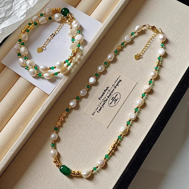 Baroque pearl and green chalcedony necklace and bracelet set