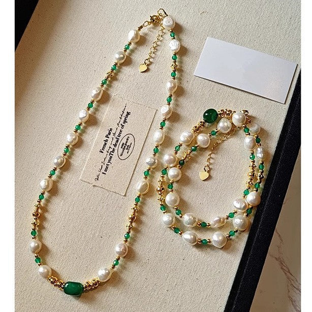 Baroque pearl and green chalcedony jewelry detail